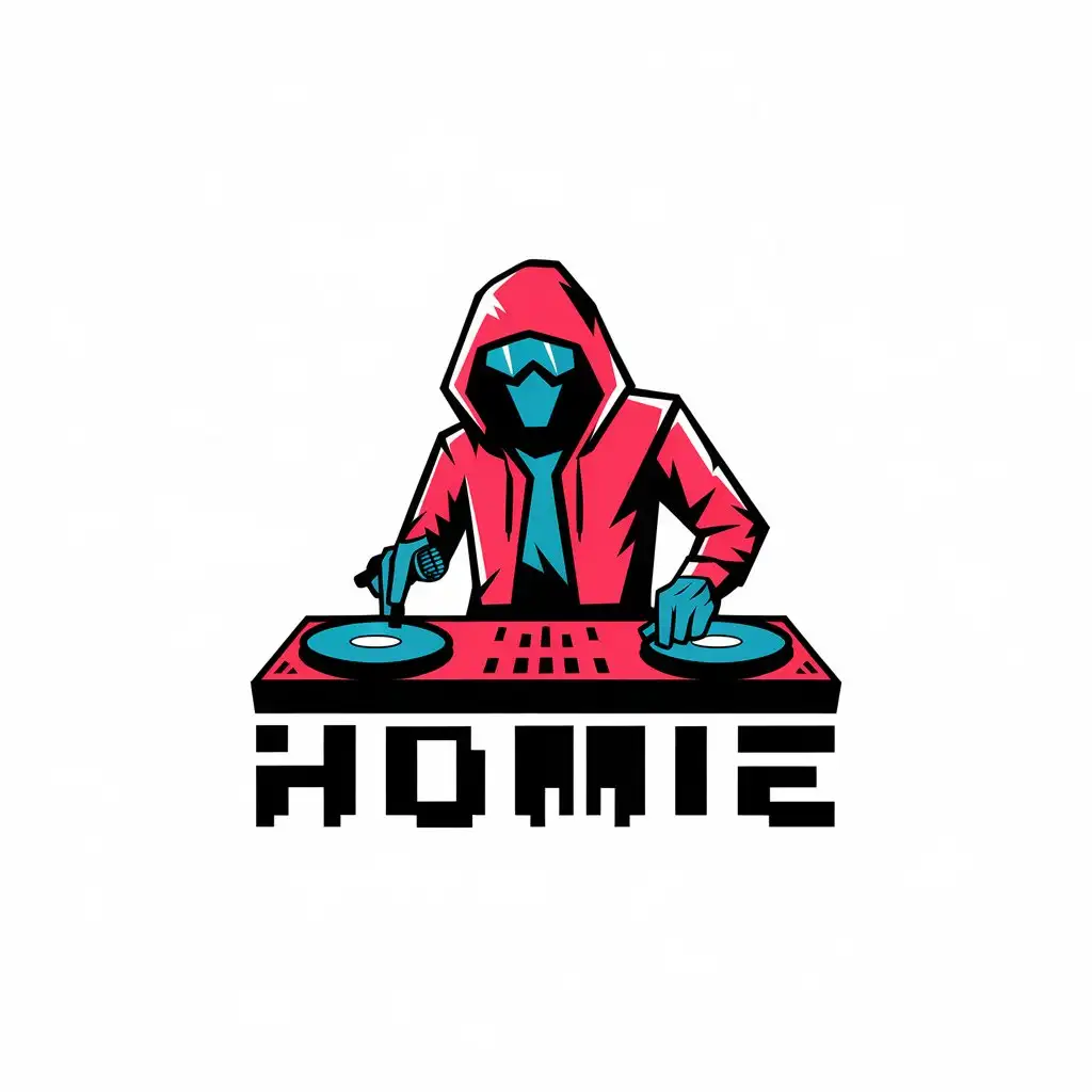 a vector logo design,with the text "homie", main symbol:dj,hiphop, cyberpunk,red,,Moderate,be used in Entertainment industry,clear background