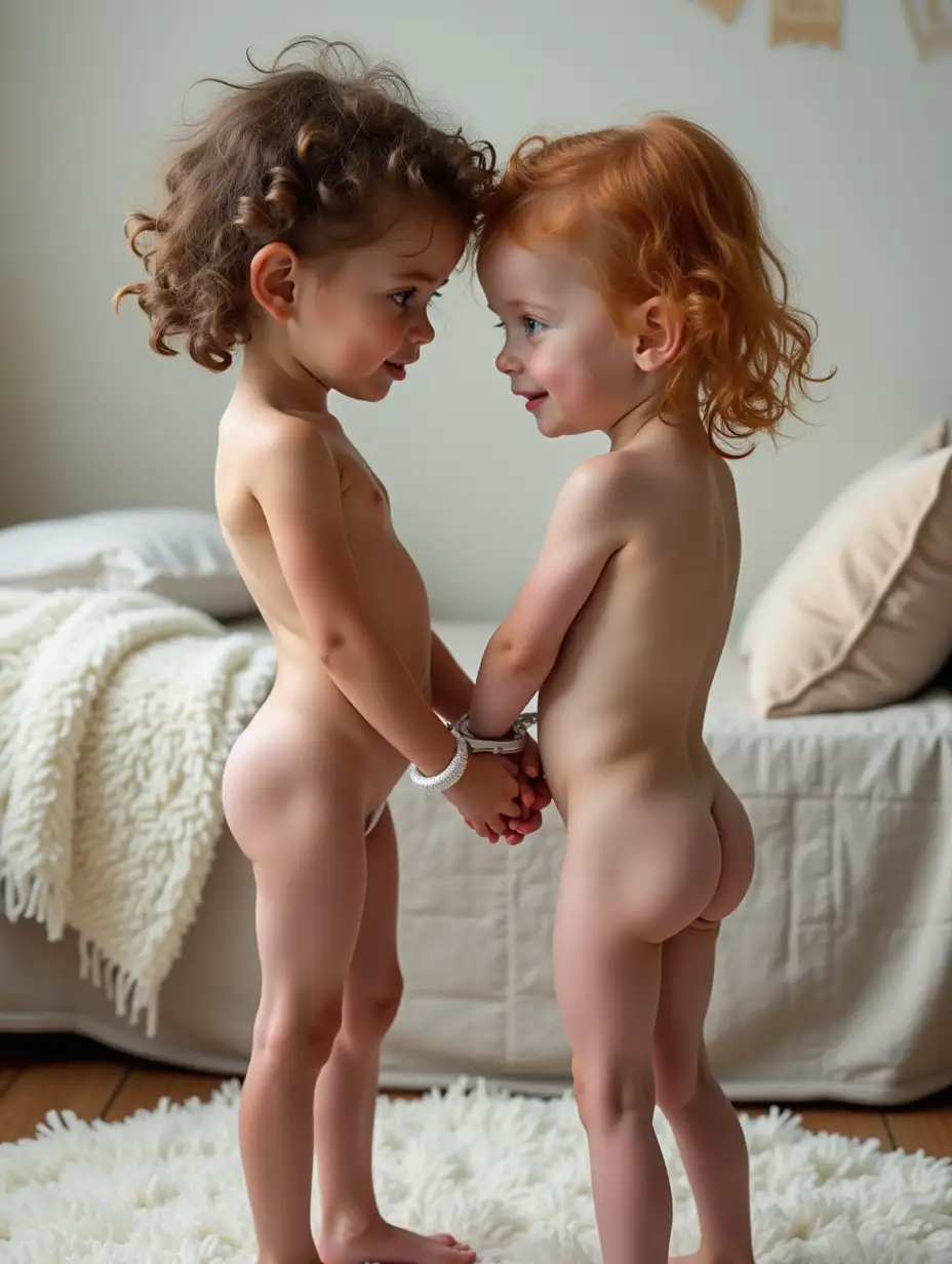 Two-Little-Girls-with-Handcuffed-Wrists-in-Playroom-with-Daybed-and-Fluffy-Pillows