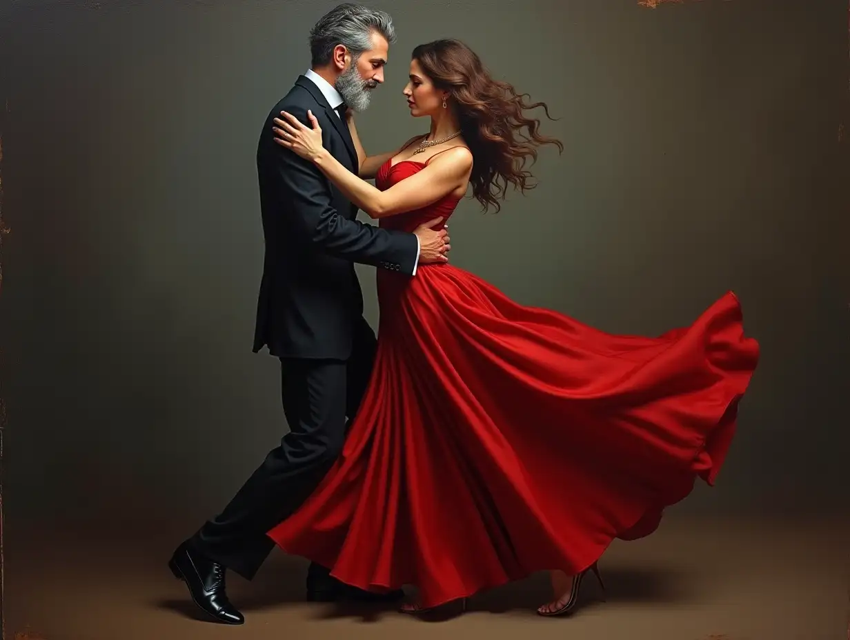 An oil painting man with a grey tidy beard and woman are dancing the tango, both dressed in formal attire with the woman wearing a flowing red dress. The background is a dark gray, creating an atmosphere of mystery and elegance, --s 500 --v 6.0 --style raw --ar 51:91