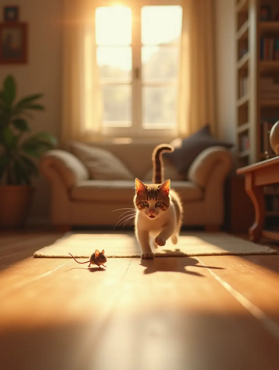 A lively and playful scene of a cat chasing a mouse through a cozy living room. The cat, agile and determined, leaps over furniture while the tiny mouse darts quickly under tables and behind curtains. Sunlight streams through the windows, casting warm, golden light across the room, highlighting the excitement and energy of the chase.