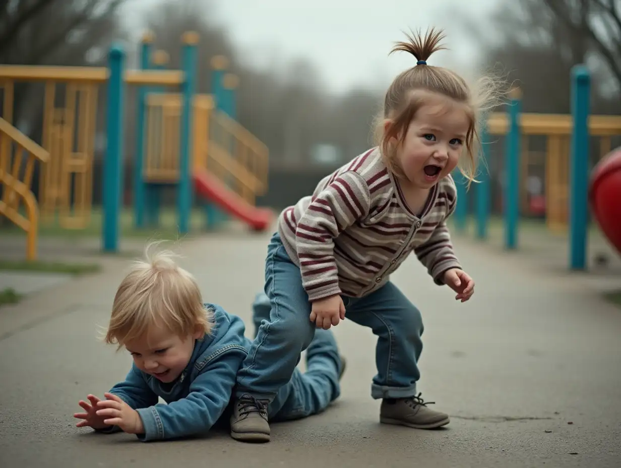 A young child is aggressively pushing another child to the ground and hitting them. The child on the ground looks scared and helpless, while the other has an angry and dominant expression. The setting is an empty playground with no other children around. The atmosphere feels tense and dramatic, emphasizing the concept of bullying and violence.