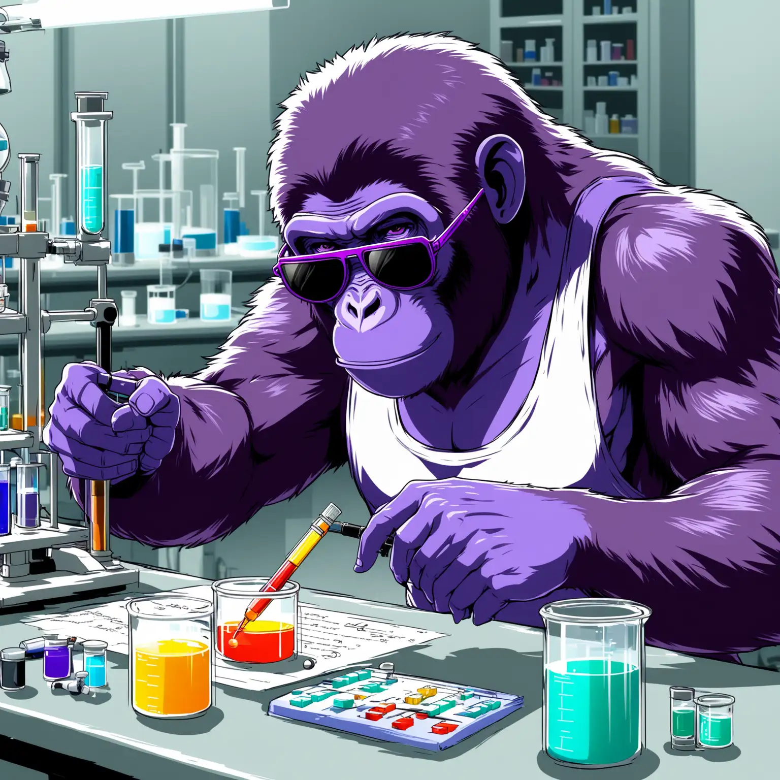 A cool looking purple colored ape in tank top and sunglasses working on a formula in a laboratory