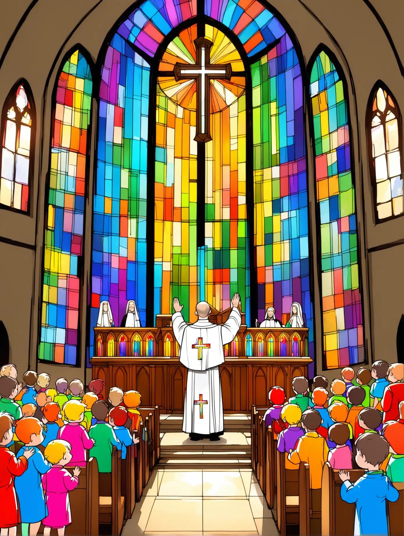 Childrens-Colorful-Drawing-of-a-Catholic-Priest-Blessing-Congregation-in-Church