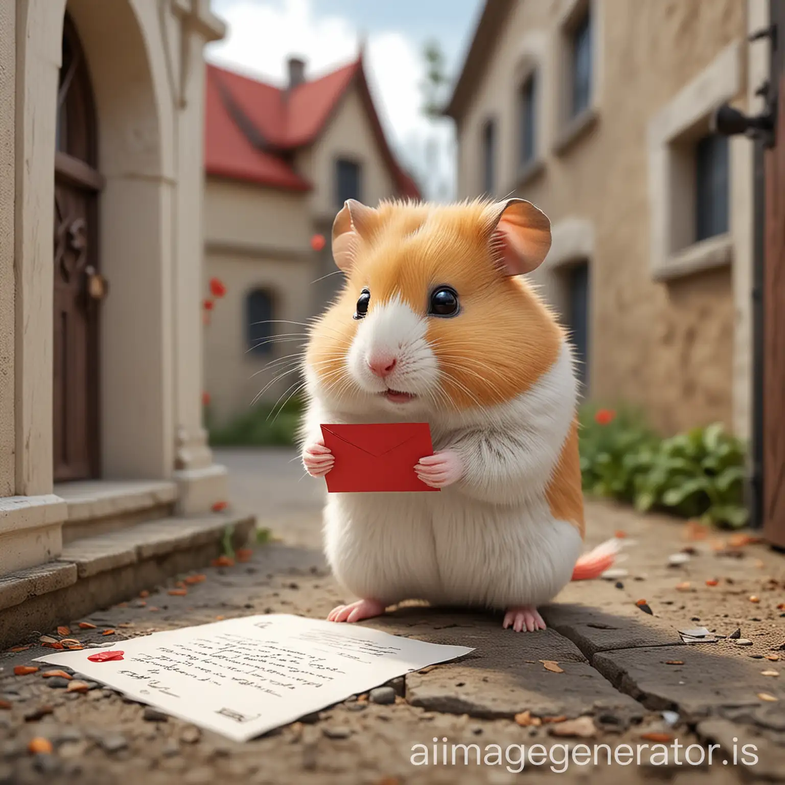 Sad-Hamster-Holding-Letter-Heading-Towards-Mansion