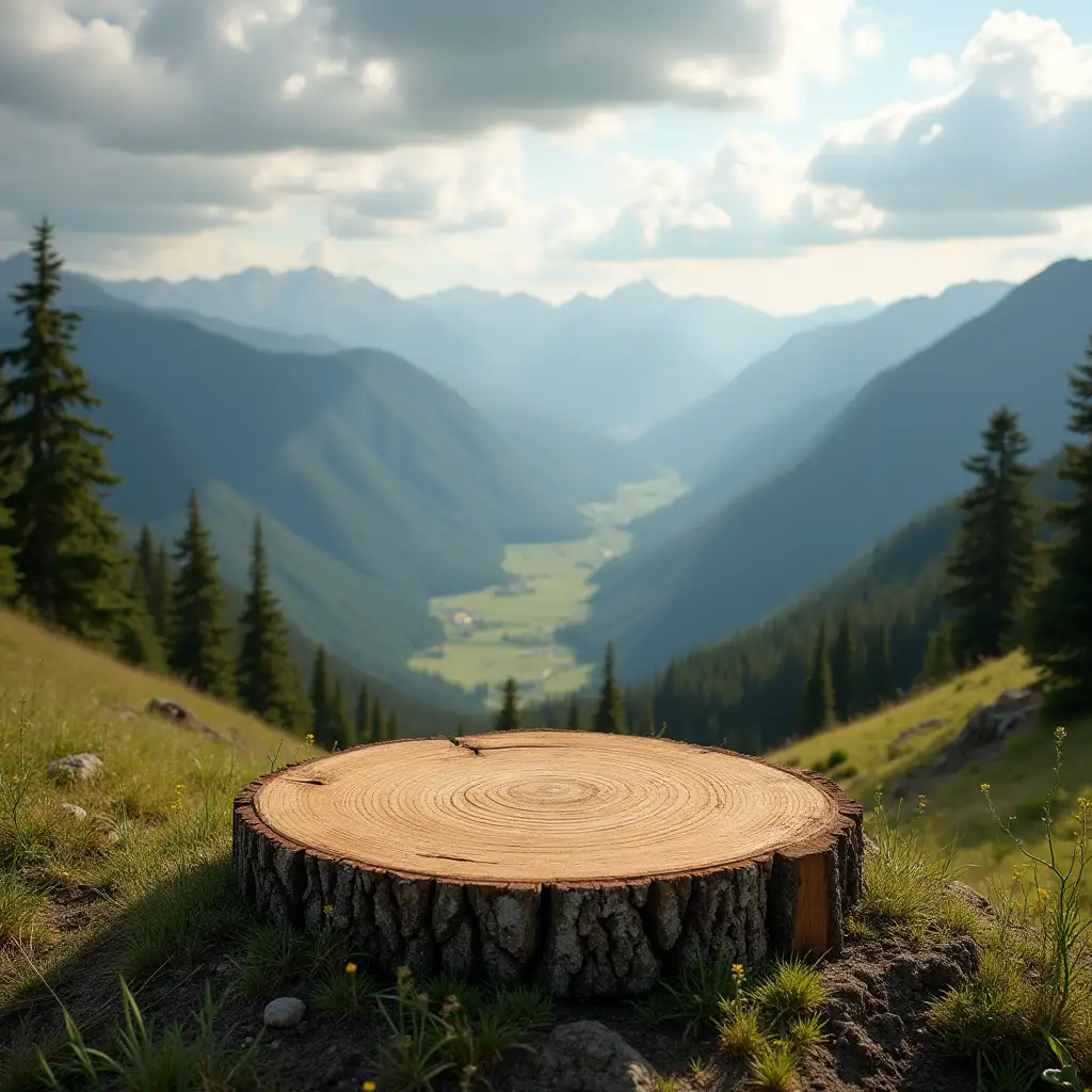 Round flat piece of wood on the valley, stunning background