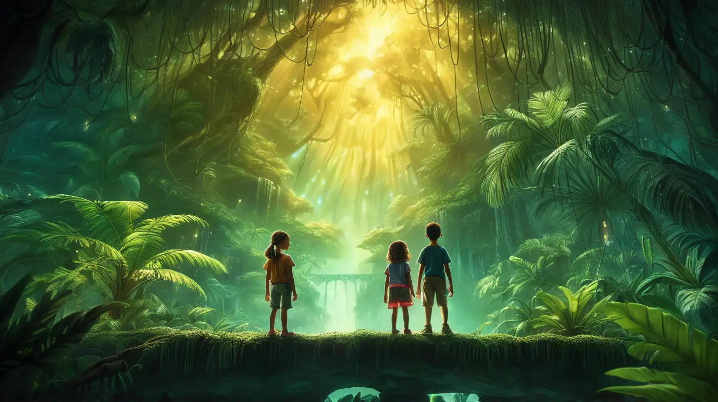 Adventurous Children Exploring Glowing Mystical Jungle