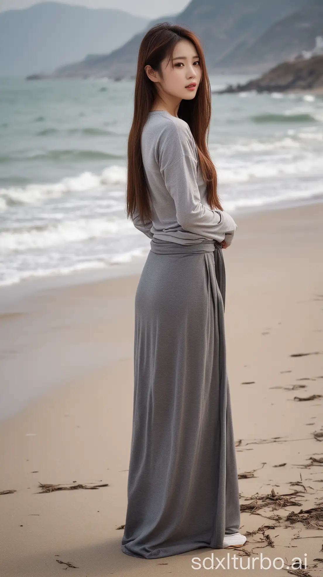 Chinese-Woman-in-Winter-Dusk-on-Beach-with-Long-Hair-and-Grey-Outfit