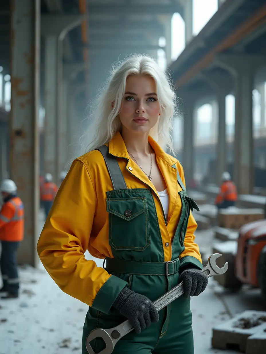 This realistic photograph shows an elegant young hot woman with incredibly beautiful breasts, white hair, white skin in cinematic lighting, high contrast, standing confidently in the snow, she is dressed in a yellow and green work uniform in the middle of an organized work site tightening a part with a large wrench, surrounded by construction tools and equipment against a background of steel beams, concrete floors and partially built structures, lit with soft, warm light, complex detailed lighting. The image is of exceptional high quality, with sharp details and vivid colors that really bring the subject to life. The scene comes alive with vivid colors and intricate details, creating a realistic and exciting picture that exudes a sense of grace and hard work.