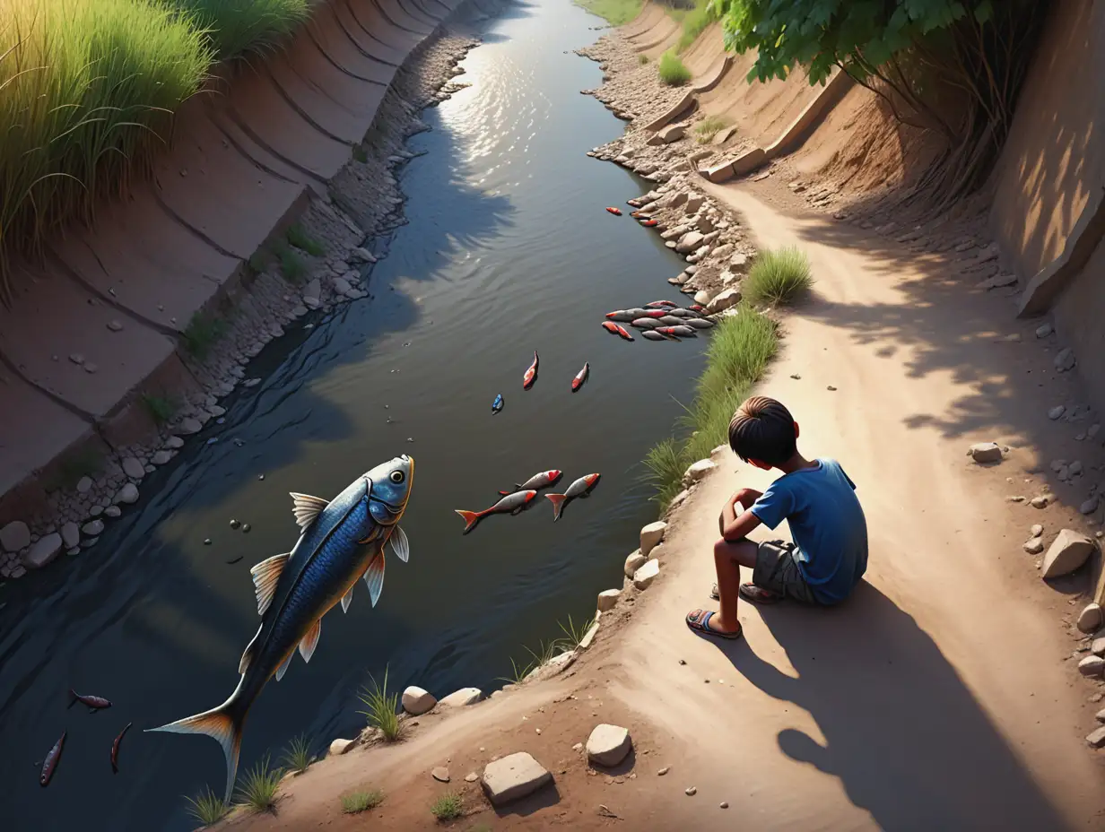 The young boy sits on the steep bank in the morning. He looks down into the riverbed, where numerous large fish struggle in a canal-like riverbed due to the river water drying up. He only sees black backs swimming forcefully in the small amount of water. The river meanders from right to left. Digital art. Bird's eye view.