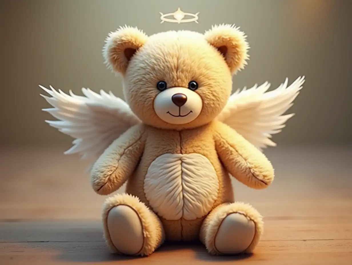 Create a digital photo of a teddy bear with angel costume