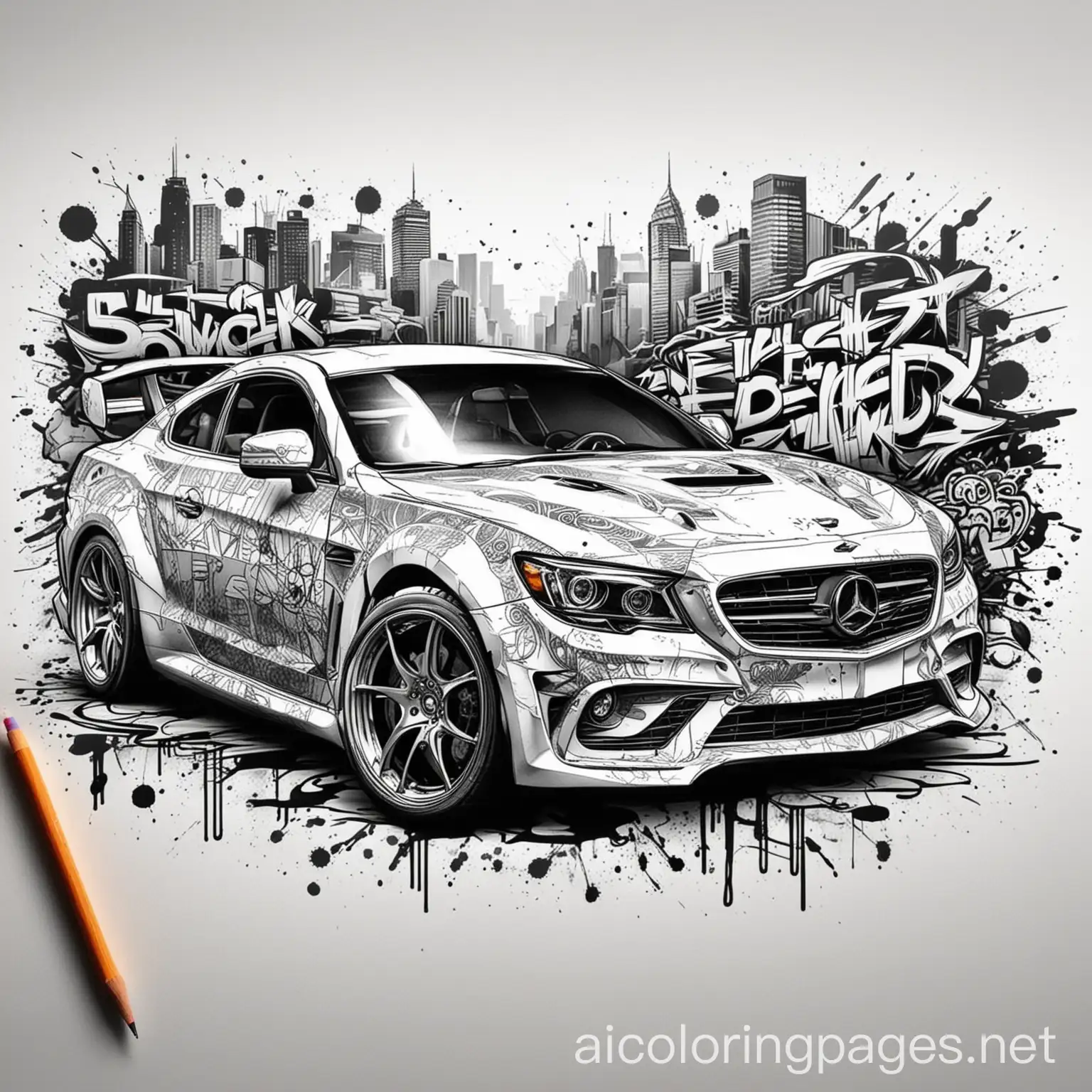 cool modified  car with a graffiti bacground, Coloring Page, black and white, line art, white background, Simplicity, Ample White Space. The background of the coloring page is plain white to make it easy for young children to color within the lines. The outlines of all the subjects are easy to distinguish, making it simple for kids to color without too much difficulty