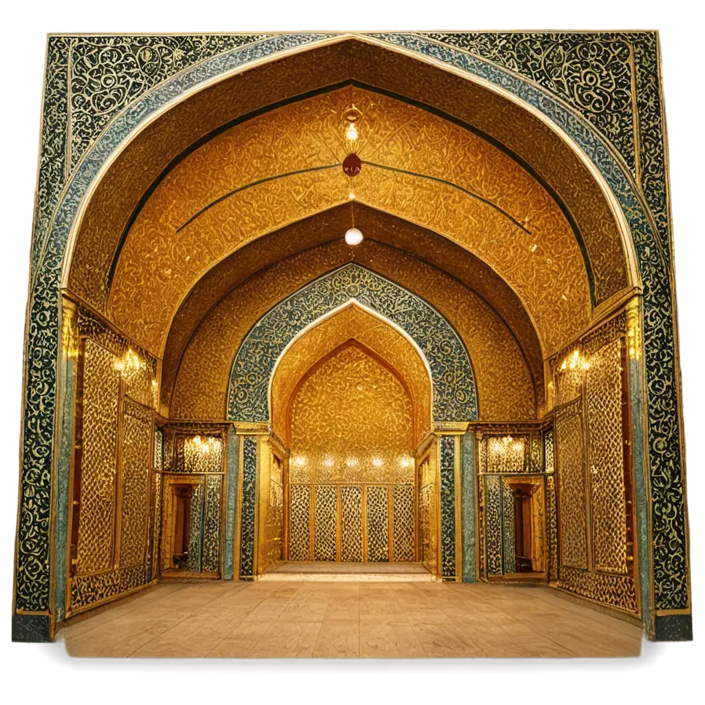 Realistic high-resolution interior of Imam Hussain's shrine in Karbala, beautifully decorated golden zarih with intricate Islamic tile patterns, golden ambient lighting, sacred atmosphere, detailed muqarnas ceiling, realistic depth and textures, wide-angle front view, suitable for print, emotionally spiritual tone