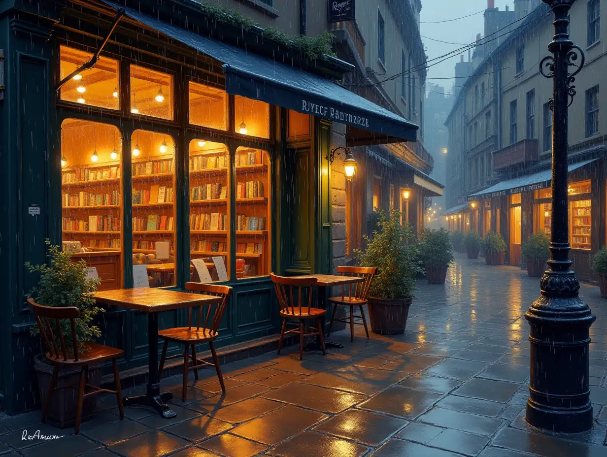 Draw a cozy, warmly lit cafe in a bookstore on a rainy evening.