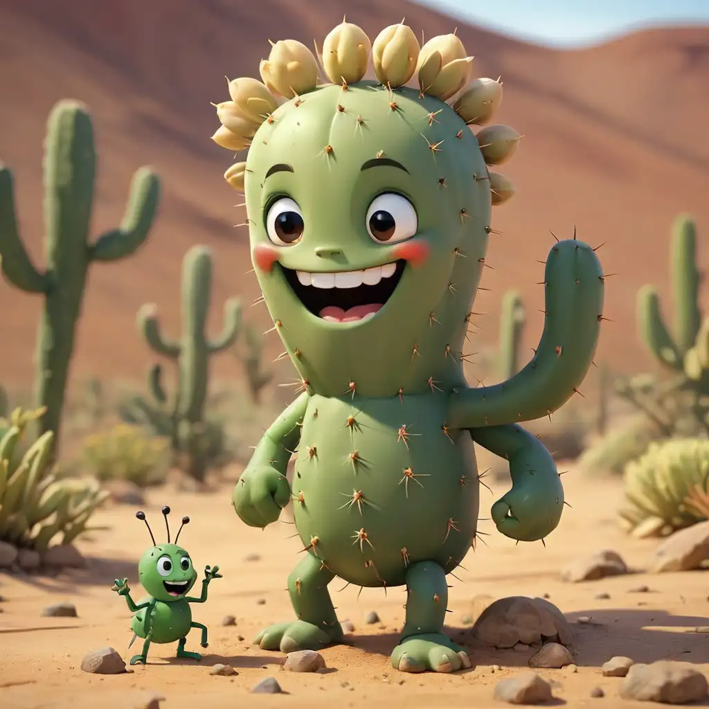 Cartoon Cactus and Ant Smiling in the Desert