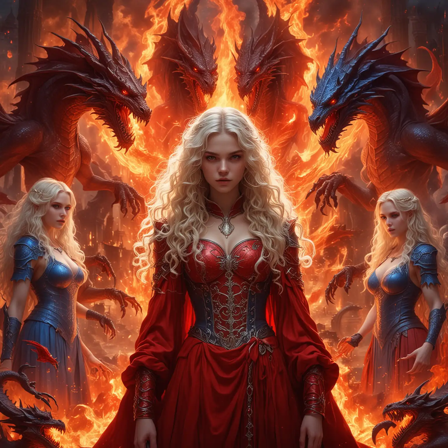 Beautiful adolescent empress goddesses, alien vampire sorceresses with long curly hair colored honey, blue, blonde, white and red surrounded by circles of fire and fire surrounded by huge fiery red dragons and in the background a massive battle