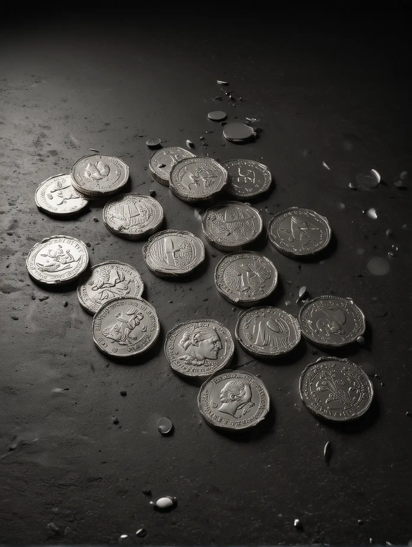 Seven Shiny Silver Coins Scattered on Black Background