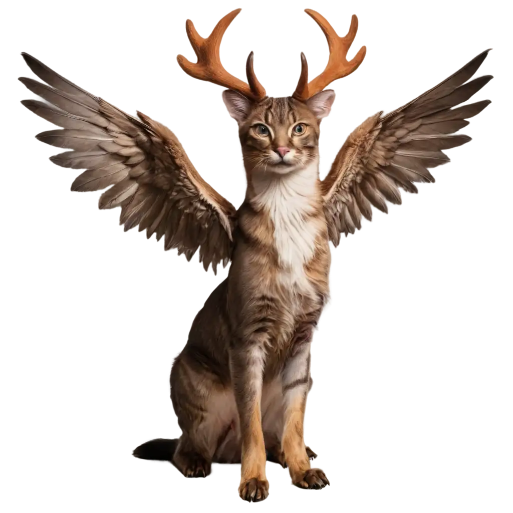 CEEATE A  MONSTER HAL F DOG BODY AND HALF CAT BODY VERTICALLY SYMMETRICAL AND WITH TWO HUGE WINGS AND WITH TWO HUGE DEER HORNS