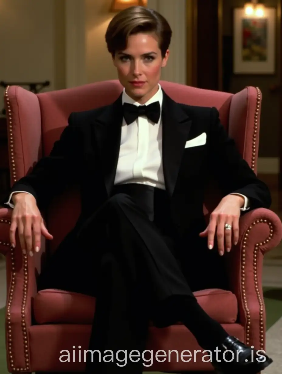 Full-body shot of beautiful female actress Carey Lowell, in the movie Licence to Kill, with very short side-parted haircut, wearing man's black wingtip shoes, man's black tuxedo jacket, bow tie, cummberbund, tuxedo pants, white tuxedo shirt, pocket square, black socks, sitting in fancy hotel lobby chair