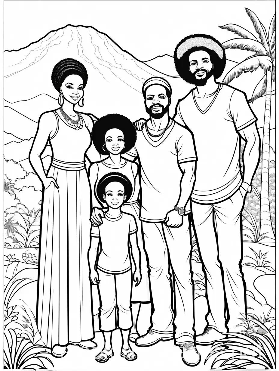 Afro-Caribbean-Family-Coloring-Page-Black-and-White-Line-Art