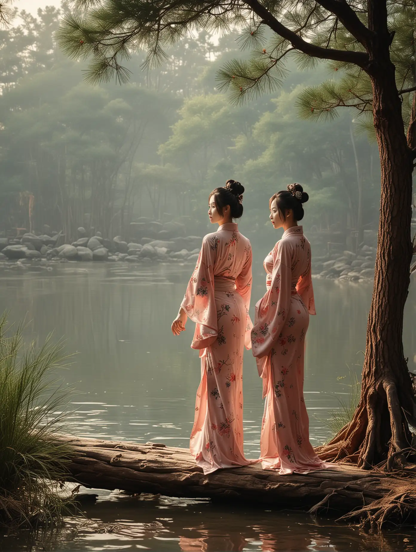 River, pine tree, two hot women,morning, Chinese style, photography, masterpiece