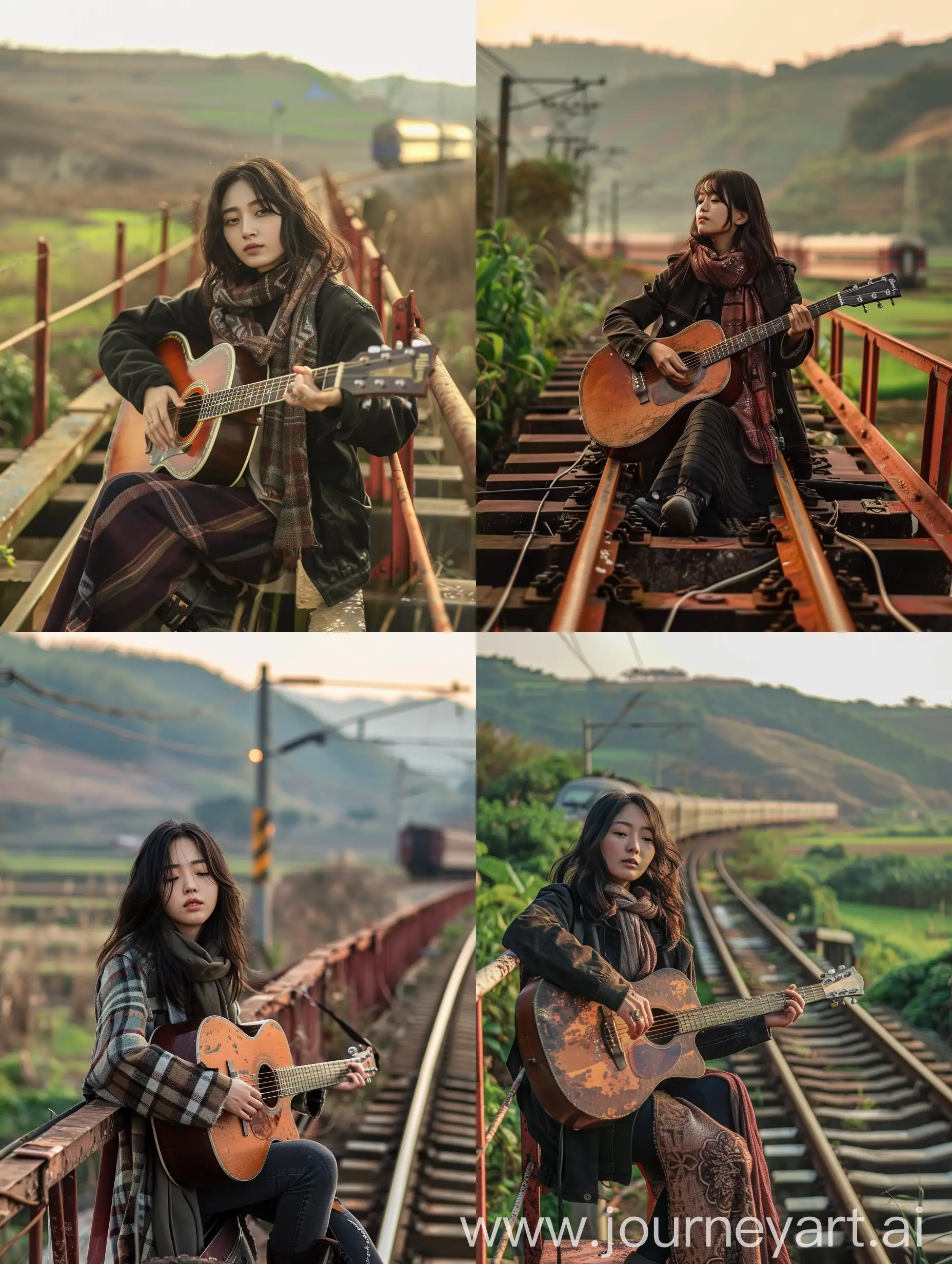 Peaceful-Morning-on-Rusty-Bridge-Young-Korean-Woman-with-Guitar