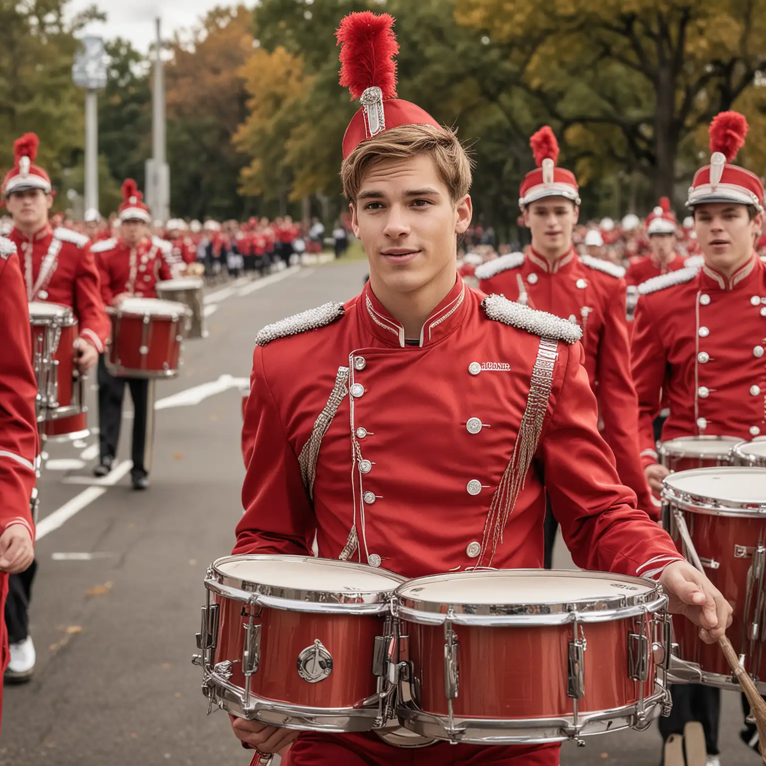 college age male, light brown hair, in marching band , wearing red uniforms, playing a  marching snare drums