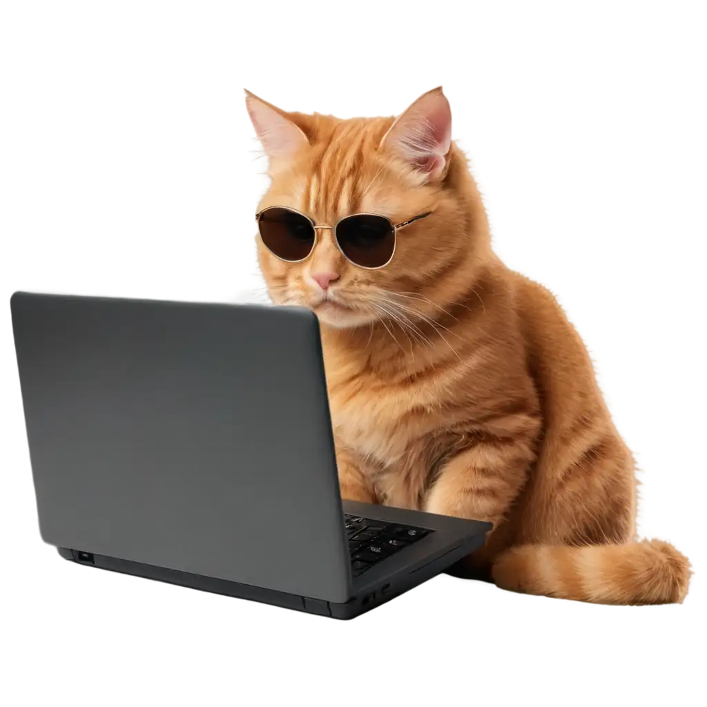 Golden brown cat wearing sun glasses using a laptop