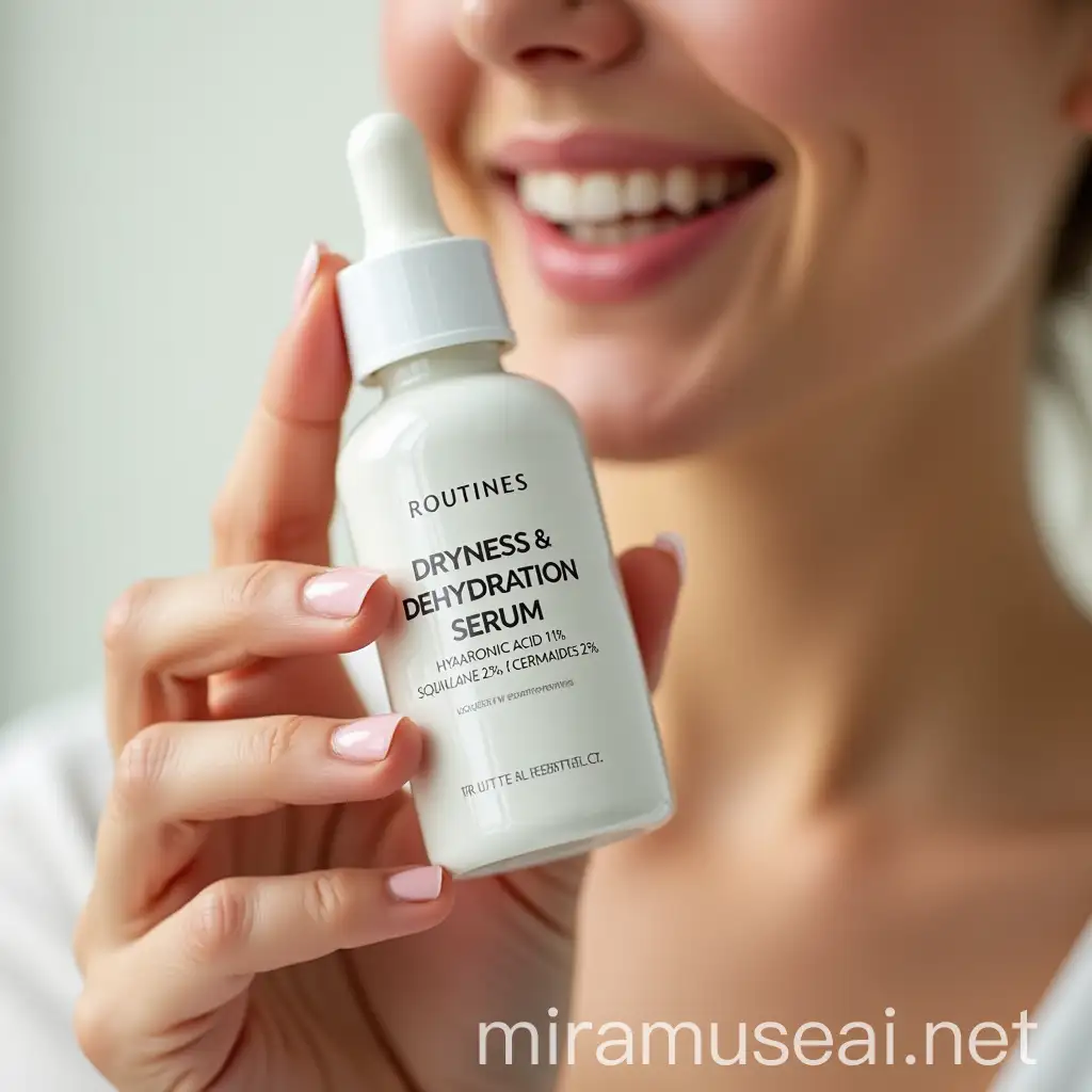 Smiling Woman Holding Dryness Dehydration Serum by Routines