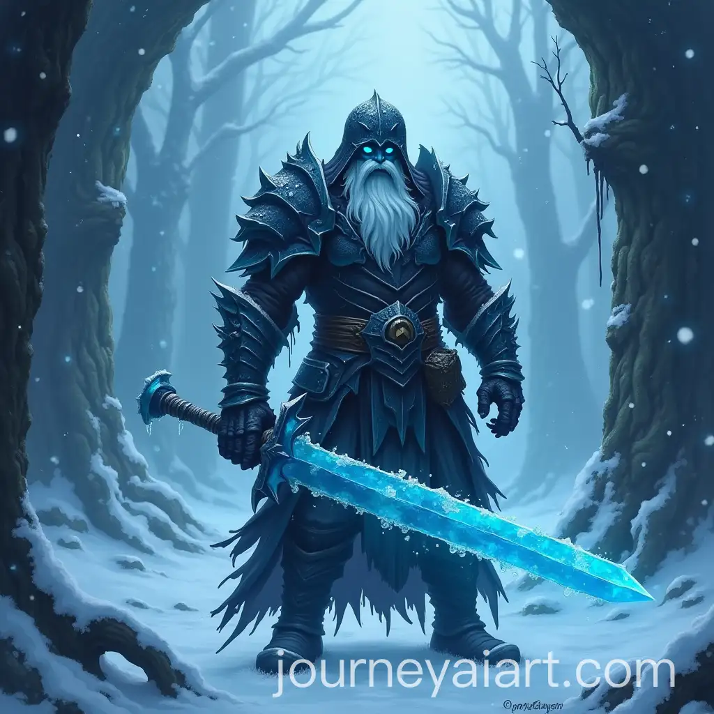 Undead-Frozen-Warrior-in-Ice-Armor-with-Glowing-Eyes-in-Blizzard-Ruins