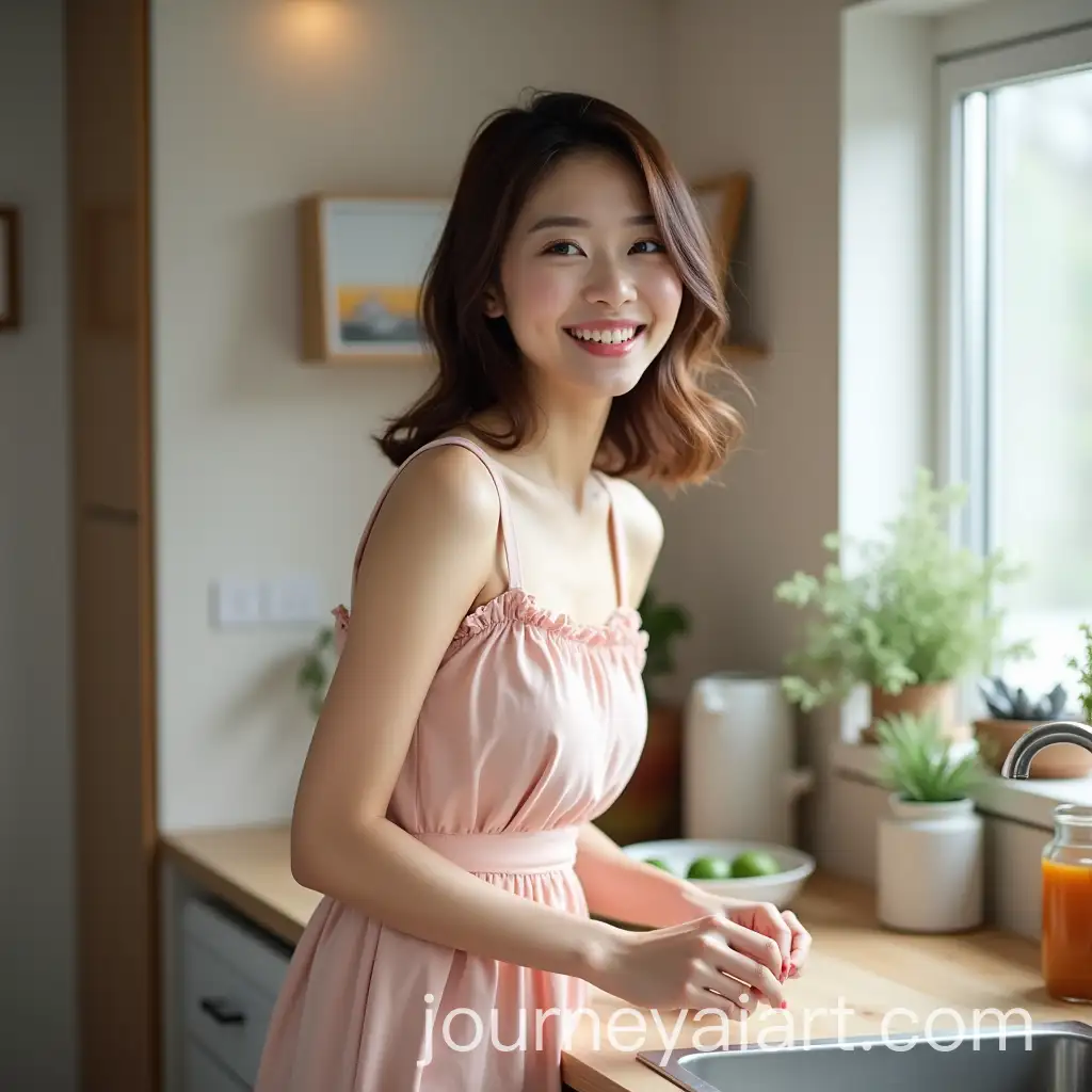 Cute-Asian-Woman-Cooking-in-Modern-Japanese-Home-Smiling-and-Blushing
