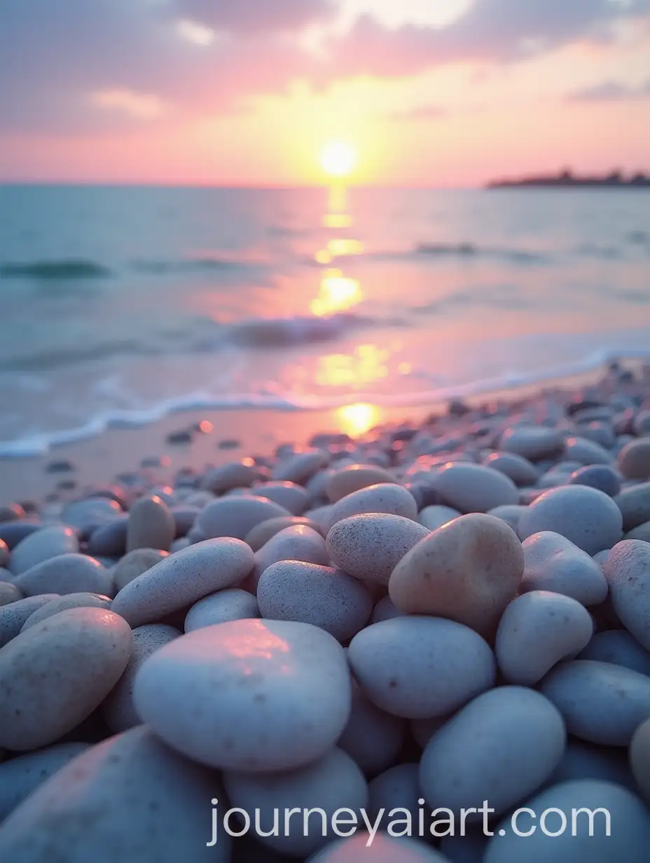 Pastel-Beach-with-Shimmering-Sea-and-Glass-Stones-at-Dusk