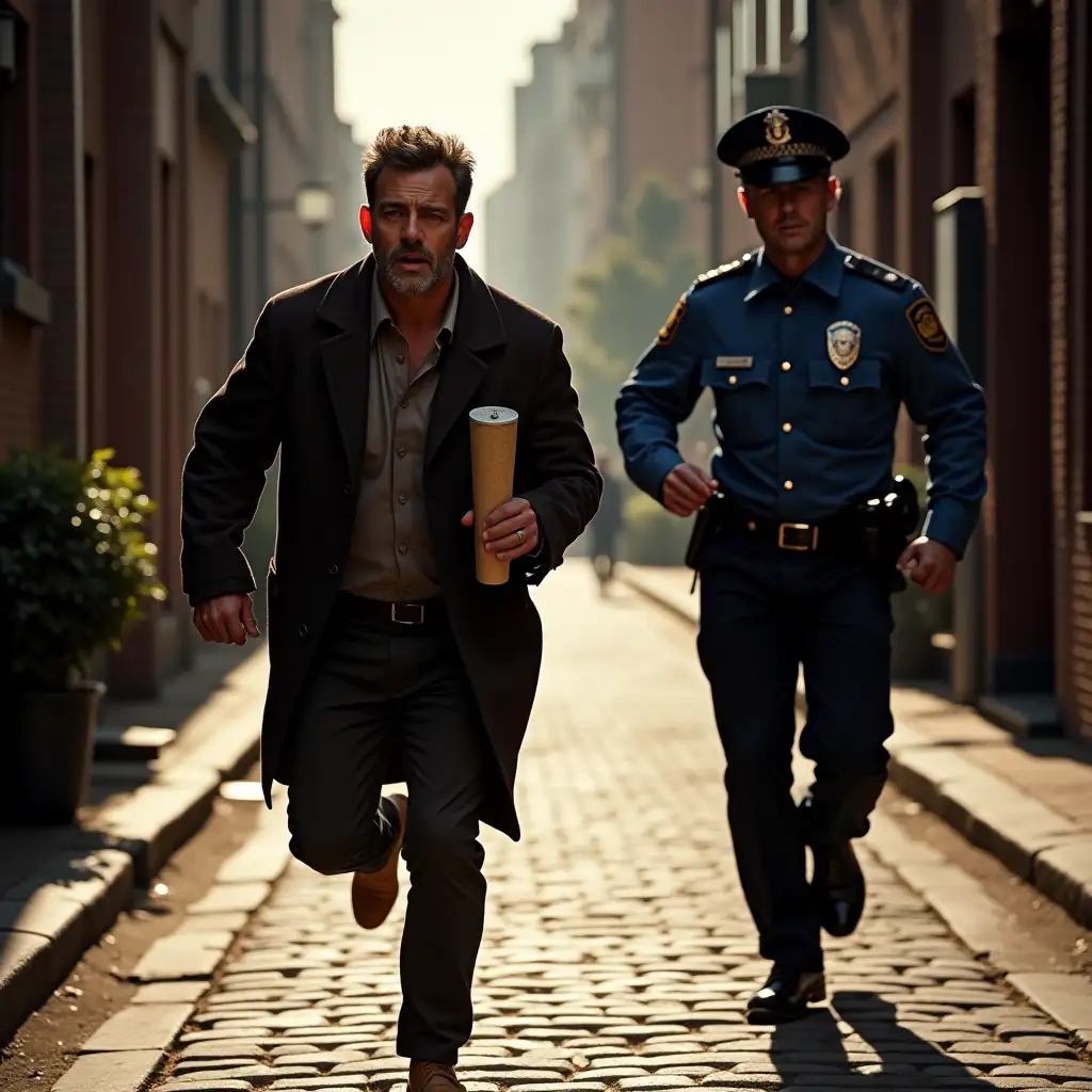 Two characters are running down a brick street: a frightened man in a long dark brown coat, cylinder, barefoot; behind him, a determined policeman in a blue uniform with a baton. Sunlight illuminates the scene, creating an atmosphere of tension.