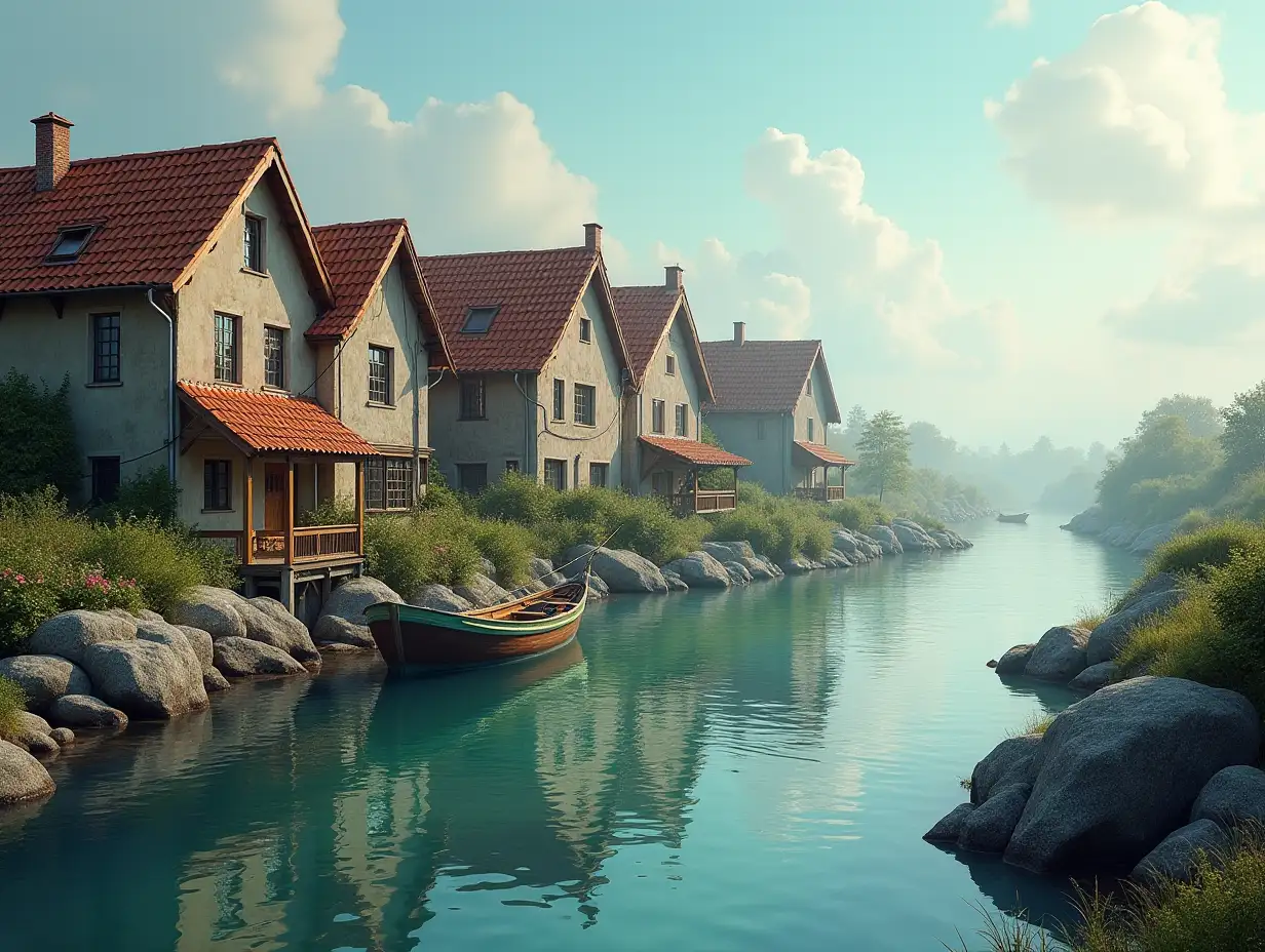 Dreamlike houses next to a river with fishing nets and a small boat.