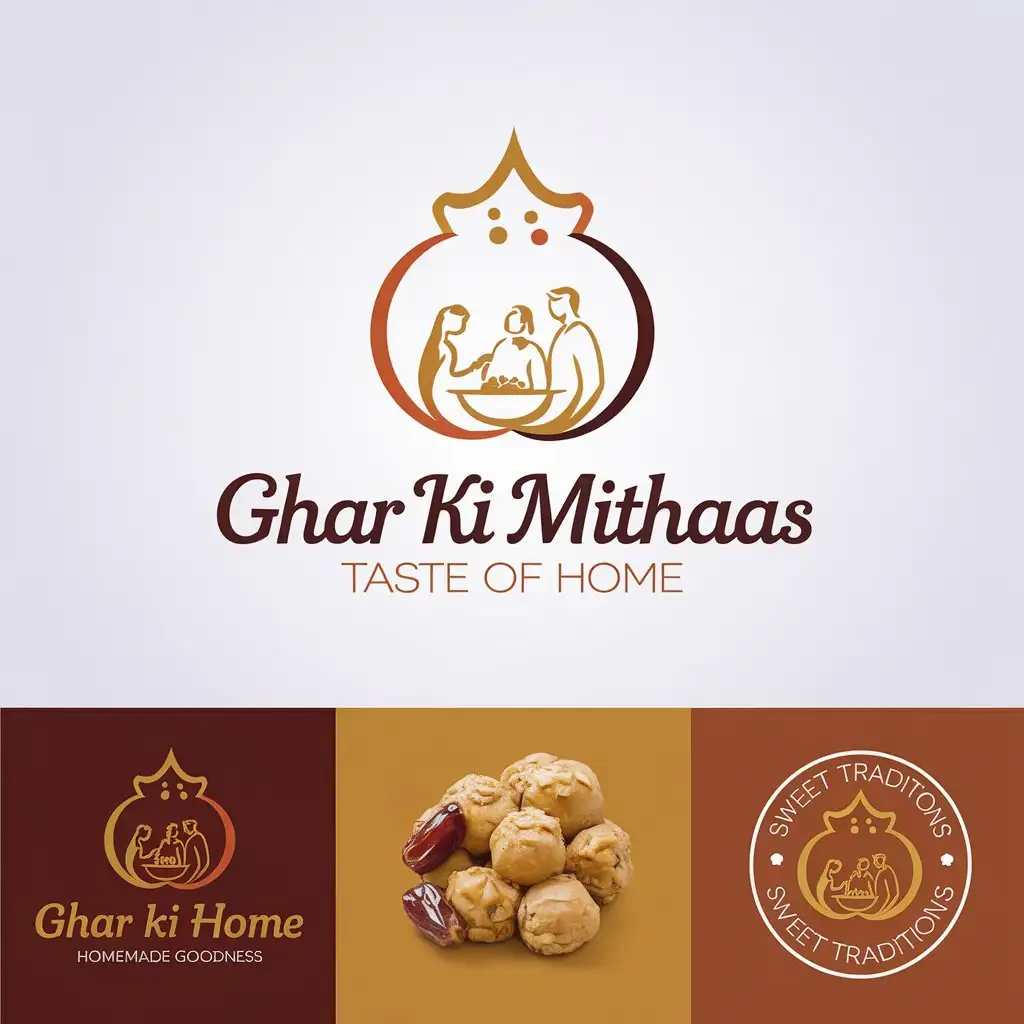 LOGO Design for Ghar Ki Mithaas Warm Colors Laddu Icon and Traditional Tagline