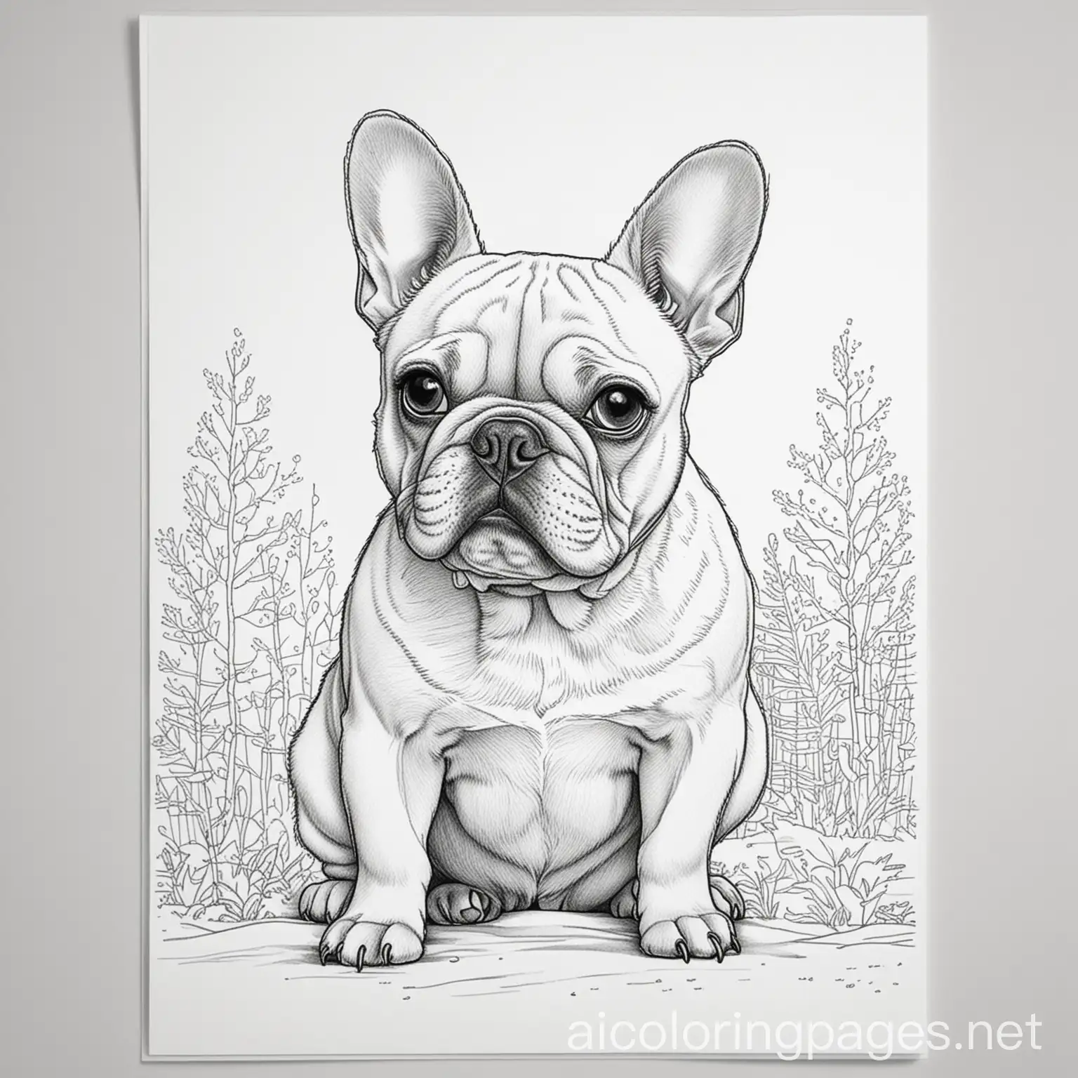 French bulldog in winter, Coloring Page, black and white, line art, white background, Simplicity, Ample White Space. The background of the coloring page is plain white to make it easy for young children to color within the lines. The outlines of all the subjects are easy to distinguish, making it simple for kids to color without too much difficulty