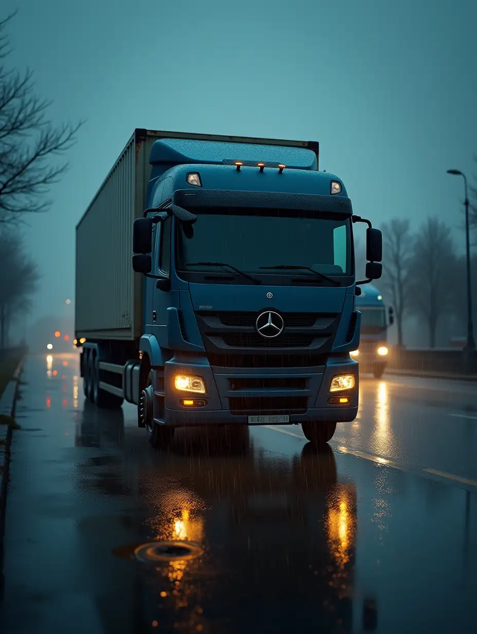 Image of a cargo truck in the rain