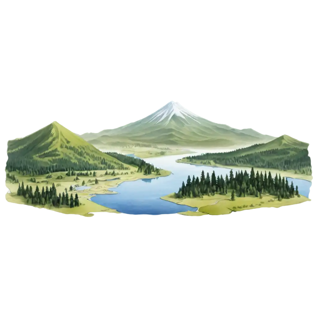 Nature Lover’s Paradise: A detailed illustration of a mountain landscape with forests, rivers, and wildlife.