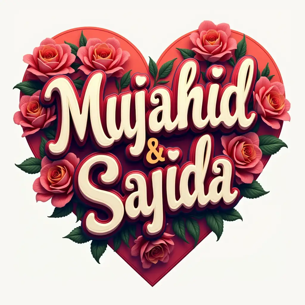 I want a logo with the name Mujahid & Sajida in a 70's style 3D and colourful. Heart and flowers in background