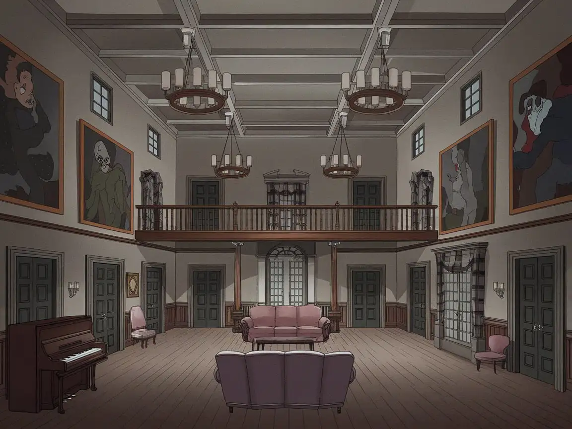 Cartoon Old Mansion Living Room at Night