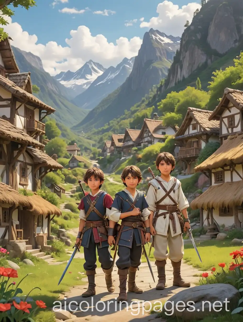 Fantasy-Village-in-the-Mountains-with-Two-Boys-Holding-Swords-Kids-Coloring-Page