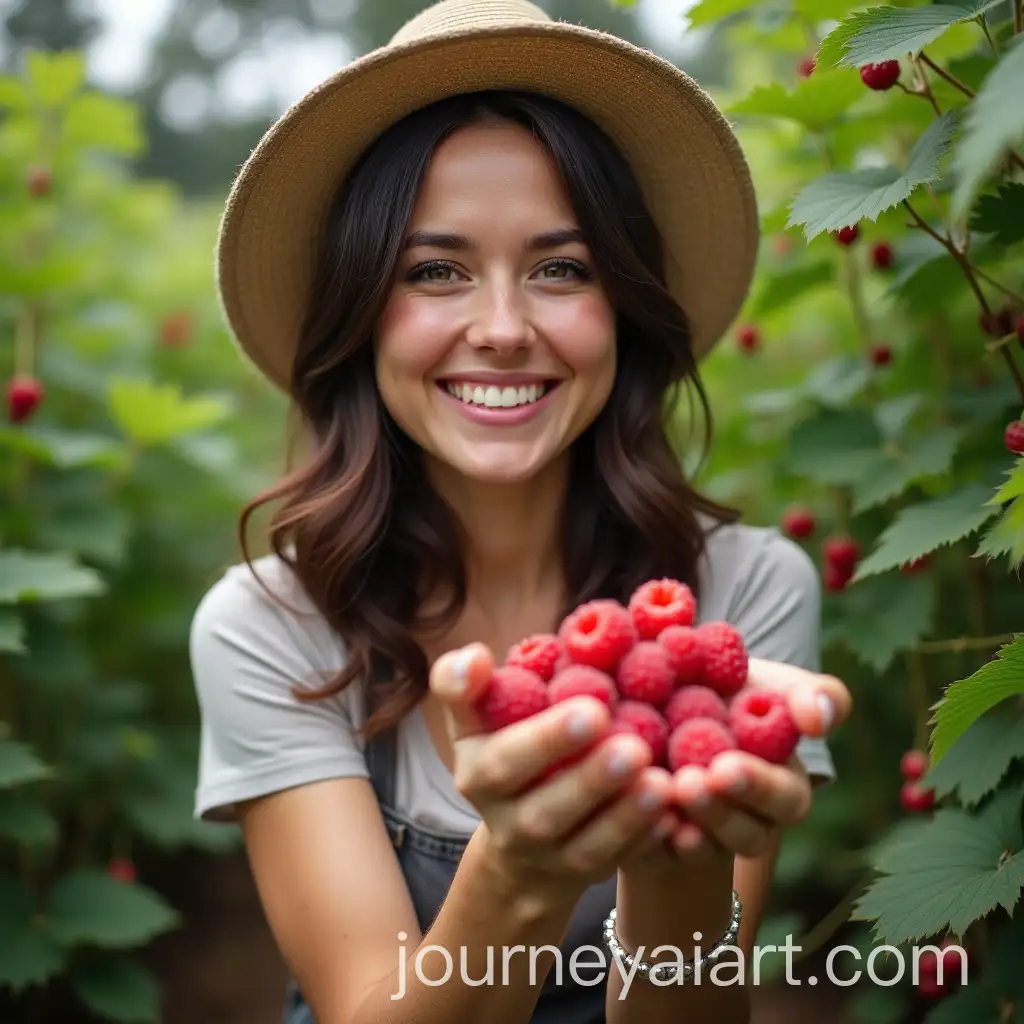 25YearOld-Brunette-Woman-Gardening-Raspberries