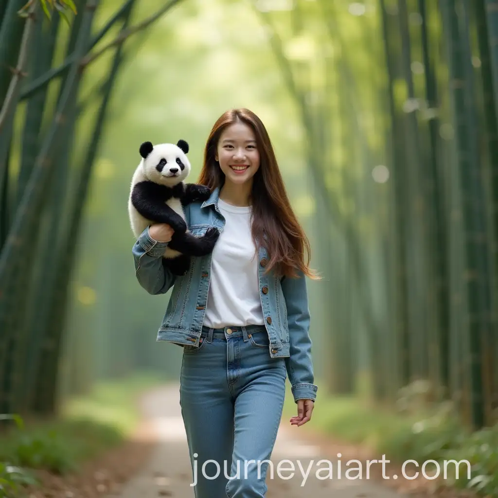 Happy-Korean-Girl-in-Bamboo-Forest-with-Panda-and-White-Sneakers