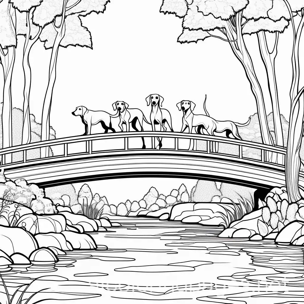 Alien-and-American-Foxhounds-Running-on-Bridge-Over-Stream-Coloring-Page