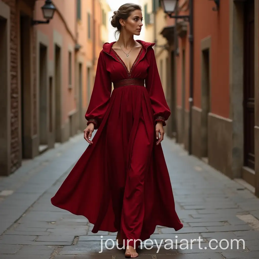 Renaissance-Woman-Walking-Barefoot-in-Italy-Streets