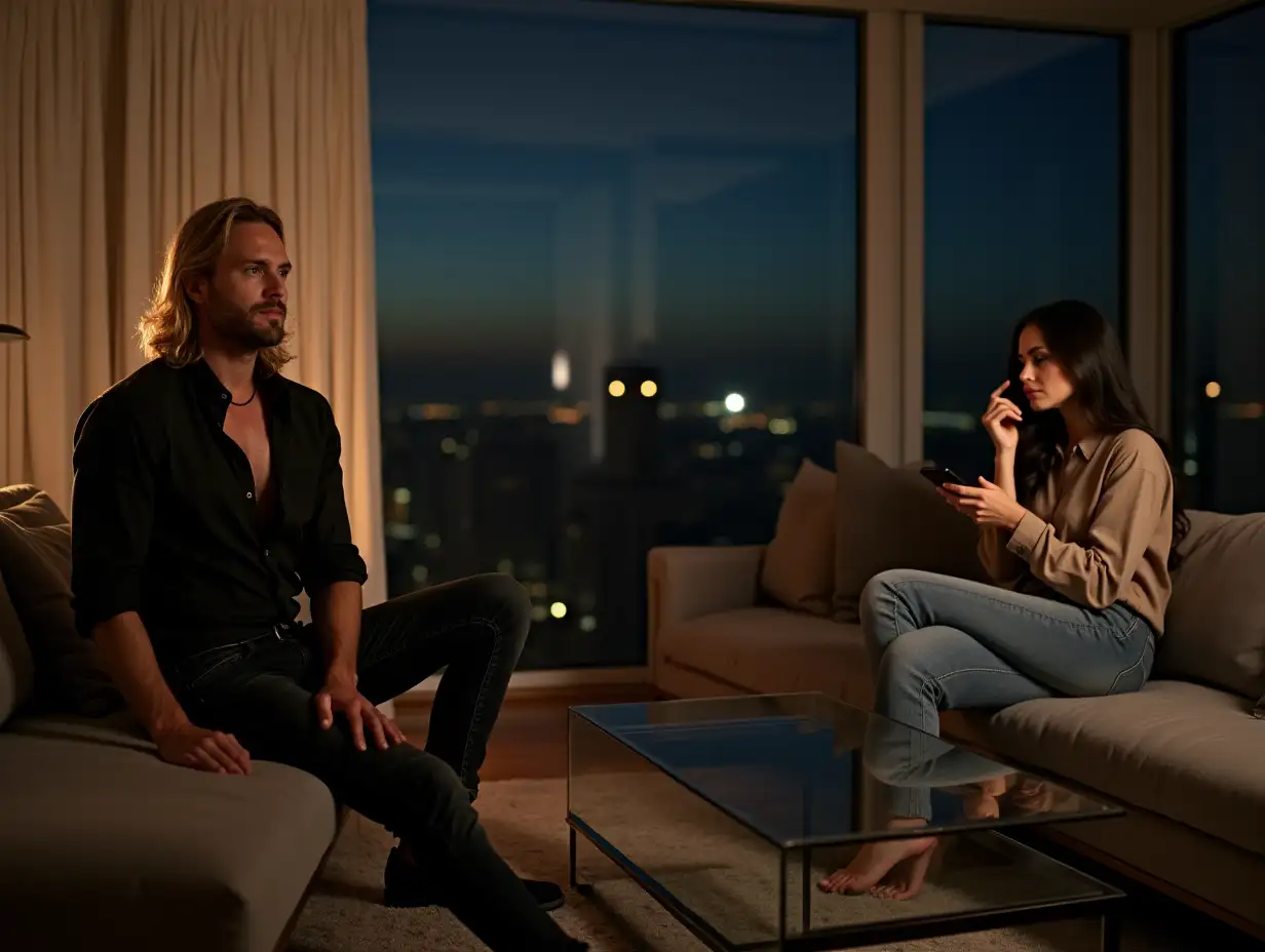 A luxurious modern living room bathed in warm, ambient lighting. A devastatingly handsome man with long, golden blond hair sits casually on the edge of a sleek, glass coffee table. He leans back slightly, one arm draped over the table, legs spread in a confident yet effortless pose. Dressed in a black button-up shirt, open at the collar, and dark jeans, he exudes an air of calm nonchalance. But his piercing blue eyes, slightly furrowed brows, and the faint tension in his jaw betray the truth—he cares more than he lets on. Across from him, a stunning woman with waist-length black hair lounges on a plush gray sectional couch, engrossed in her phone. Her expression is serene, detached, a soft smirk playing at the corner of her lips as she listens to someone on the other end. The dim city lights glow through the floor-to-ceiling windows, adding to the cold distance between them