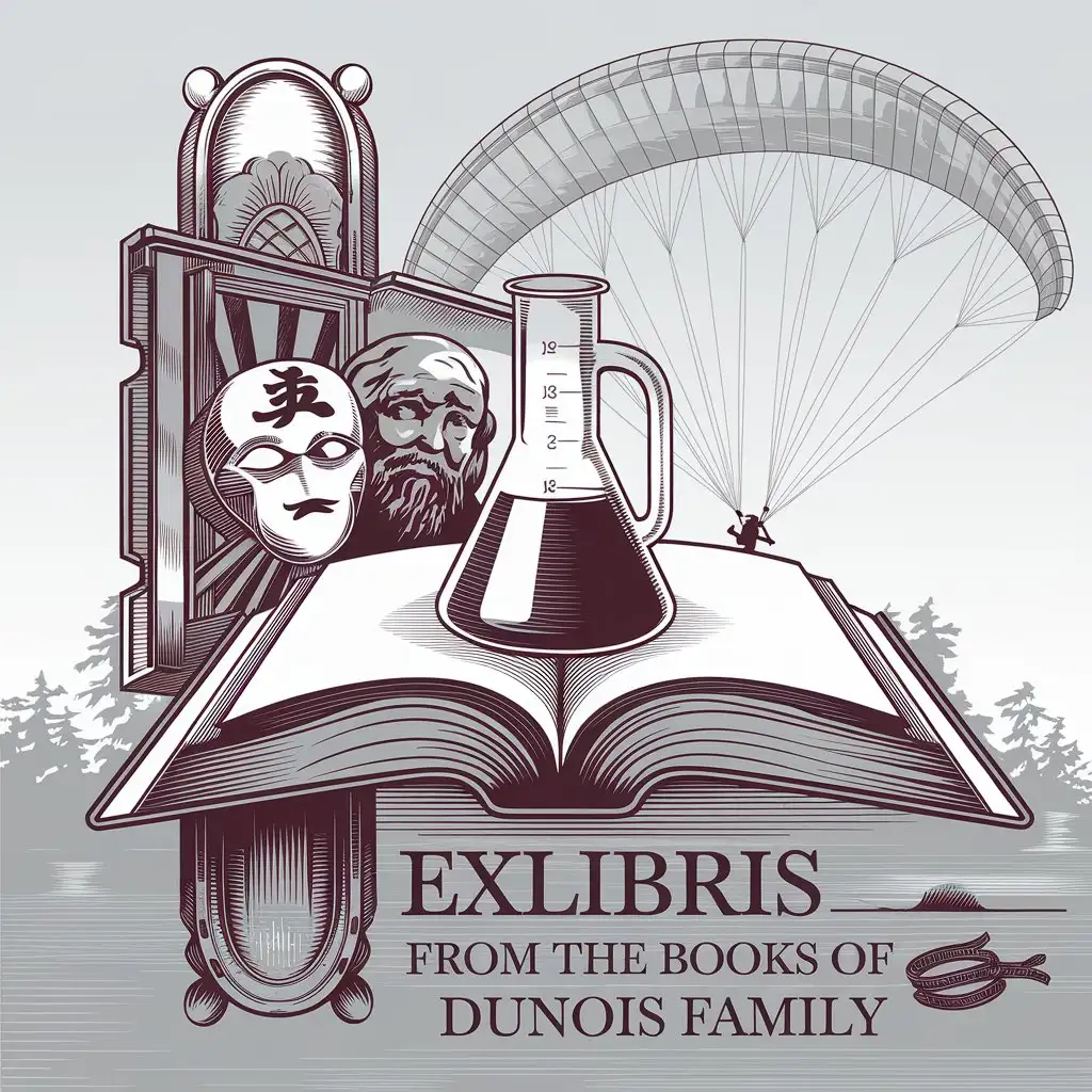 LOGO-Design-for-Exlibris-Engraved-Style-with-Book-Chemical-Flask-Kendo-Mask-and-Paraglider-Motifs