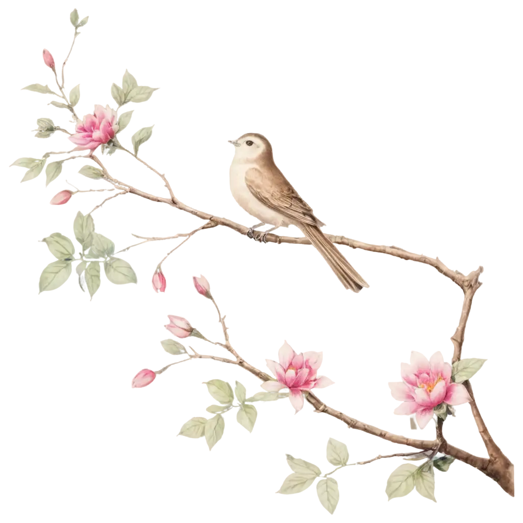 Two-Birds-on-Branch-with-Flowers-PNG-Image-Serene-Nature-Scene