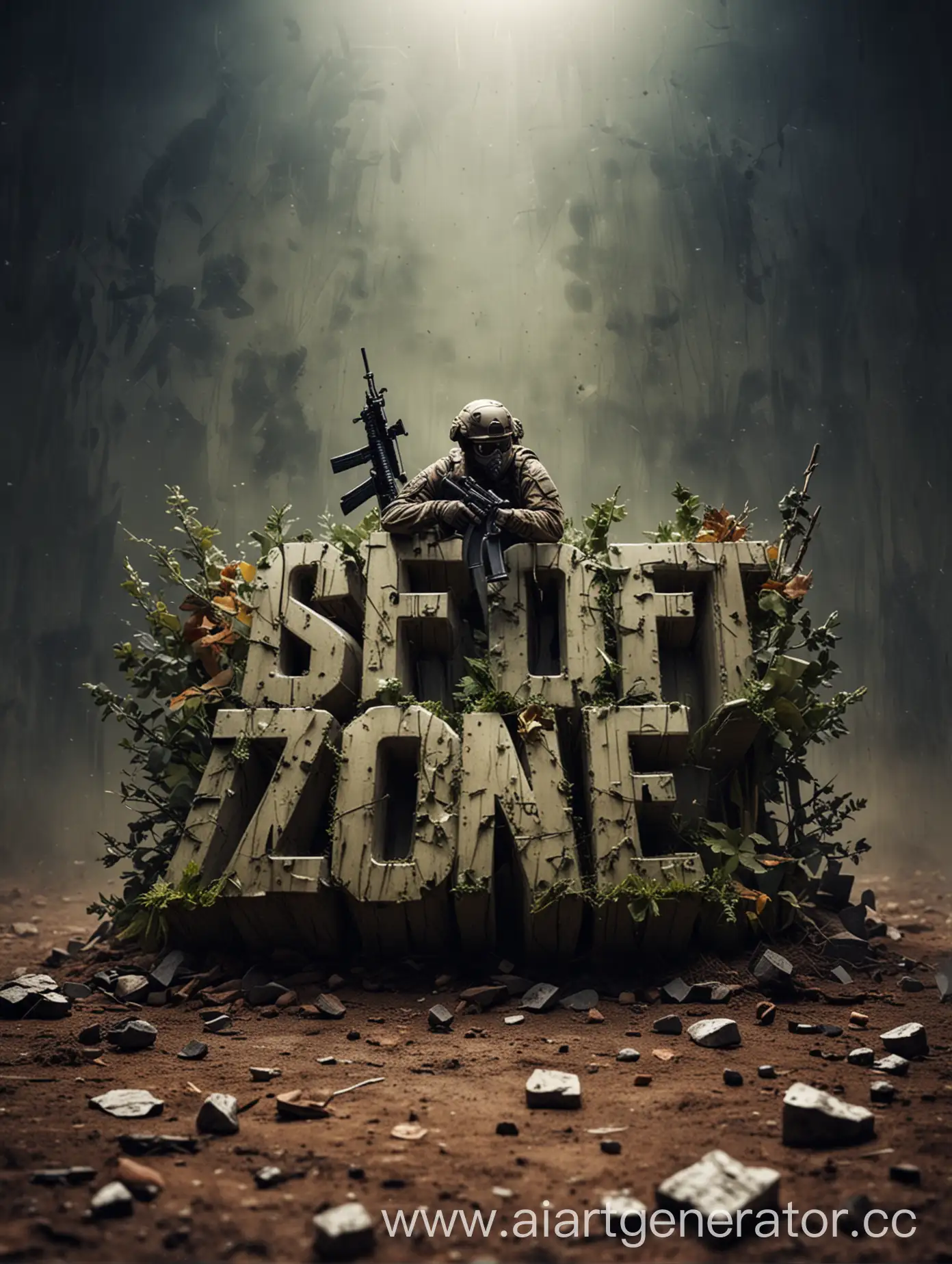 сделай надпись "Airsoft Zone" маленькими буквами с мрачным фоном в военном стиле