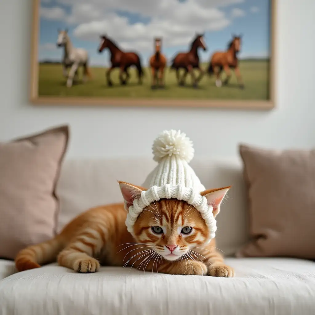 ginger nice real kitten in a knitted white hat is lying on a fabric sofa, behind on the wall a horizontal picture, on the picture 4 horses running in the field