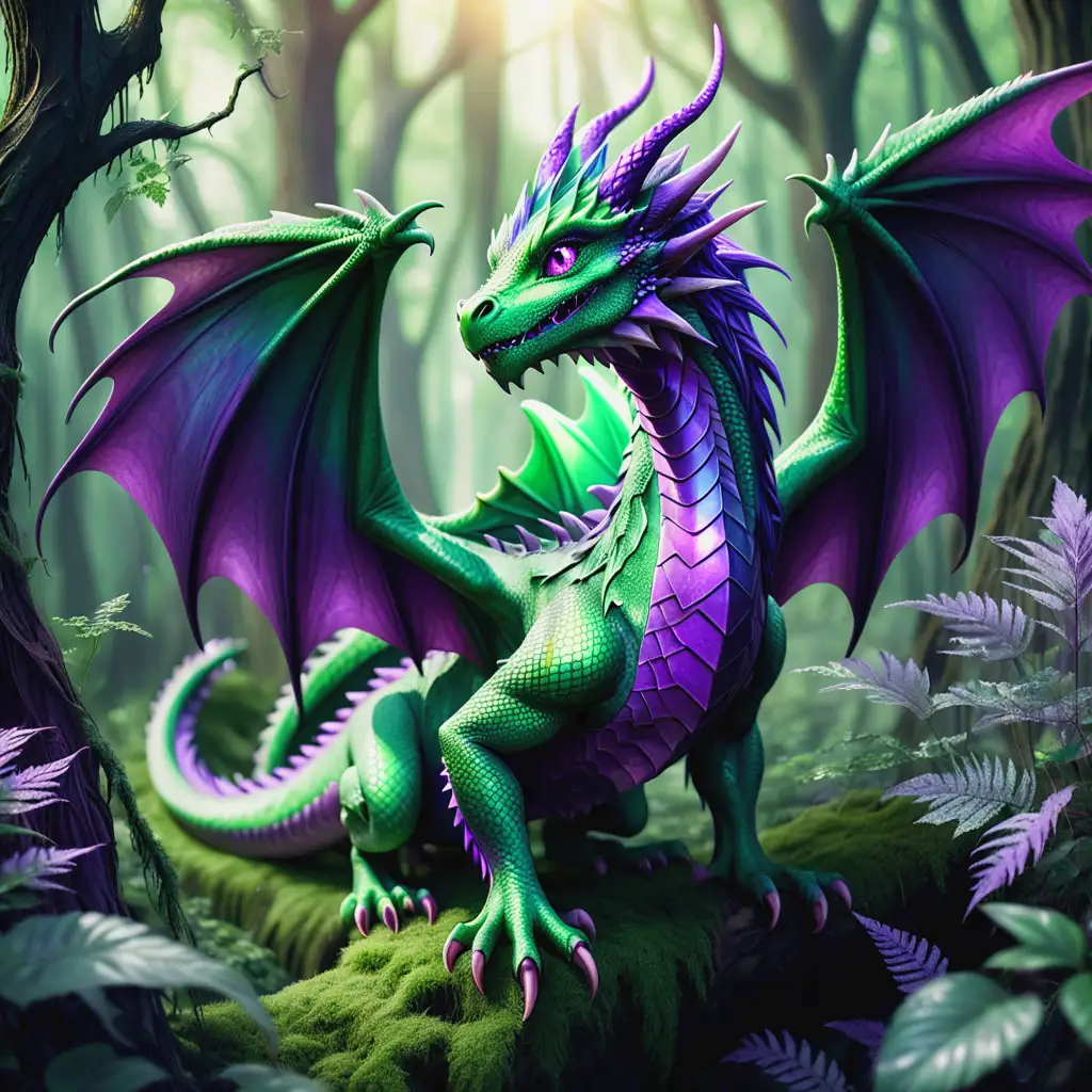 Mystical GreenHaired Dragon with Purple Scales and Shiny Wings in Enchanted Forest